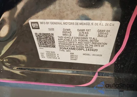 2023 Chevrolet Equinox Fwd Rs из США, поврежденный, VIN 3GNAXMEG9PL143420